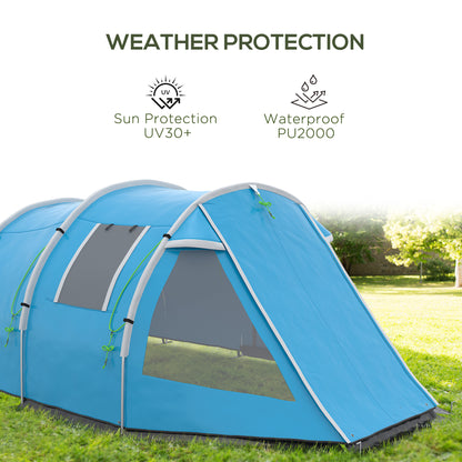 Outsunny 3-4 Man Tunnel Tent, Two Room Camping Tent with Windows and Covers, Portable Carry Bag, for Fishing, Hiking, Sports, Festival