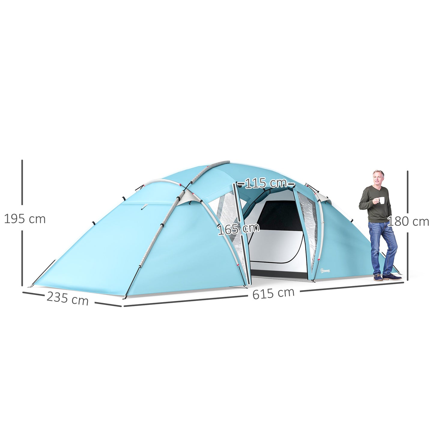 Outsunny 4-6 Man Family Camping Tent w/ 2 Bedrooms and a Living Room, Waterproof Tunnel Tent w/ Sewn In Groundsheet, Doors, Windows, Carry Bag