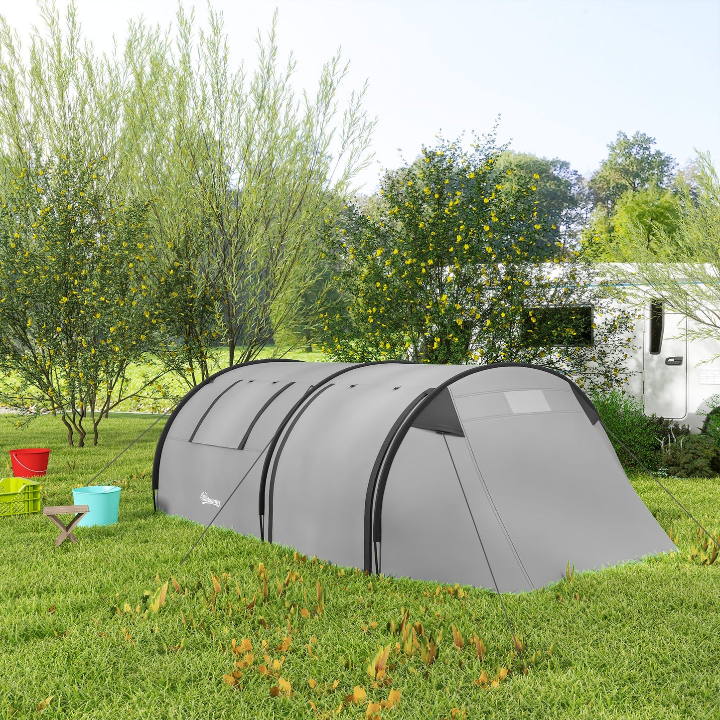 Outsunny Four Man Duo Room Tunnel Tent, with Accessories