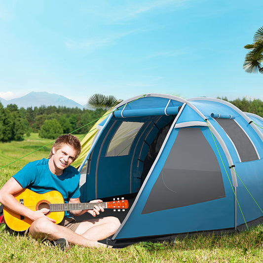 Outsunny 3-4 Man Tunnel Tent, Two Room Camping Tent with Windows and Covers, Portable Carry Bag, for Fishing, Hiking, Sports, Festival