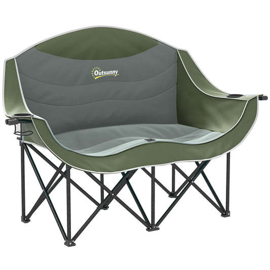 Outsunny Double Camping Chair for Adults, Oversized Heavy Duty Padded Folding Chair with Armrests, Cup Holders and Carry Bag for Outdoor Camping Hiking Picnic Fishing, 250kg Capacity