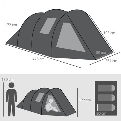 Outsunny 3-4 Man Tunnel Tent, Two Room Camping Tent with Windows and Covers, Portable Carry Bag, for Fishing, Hiking, Sports, Festival
