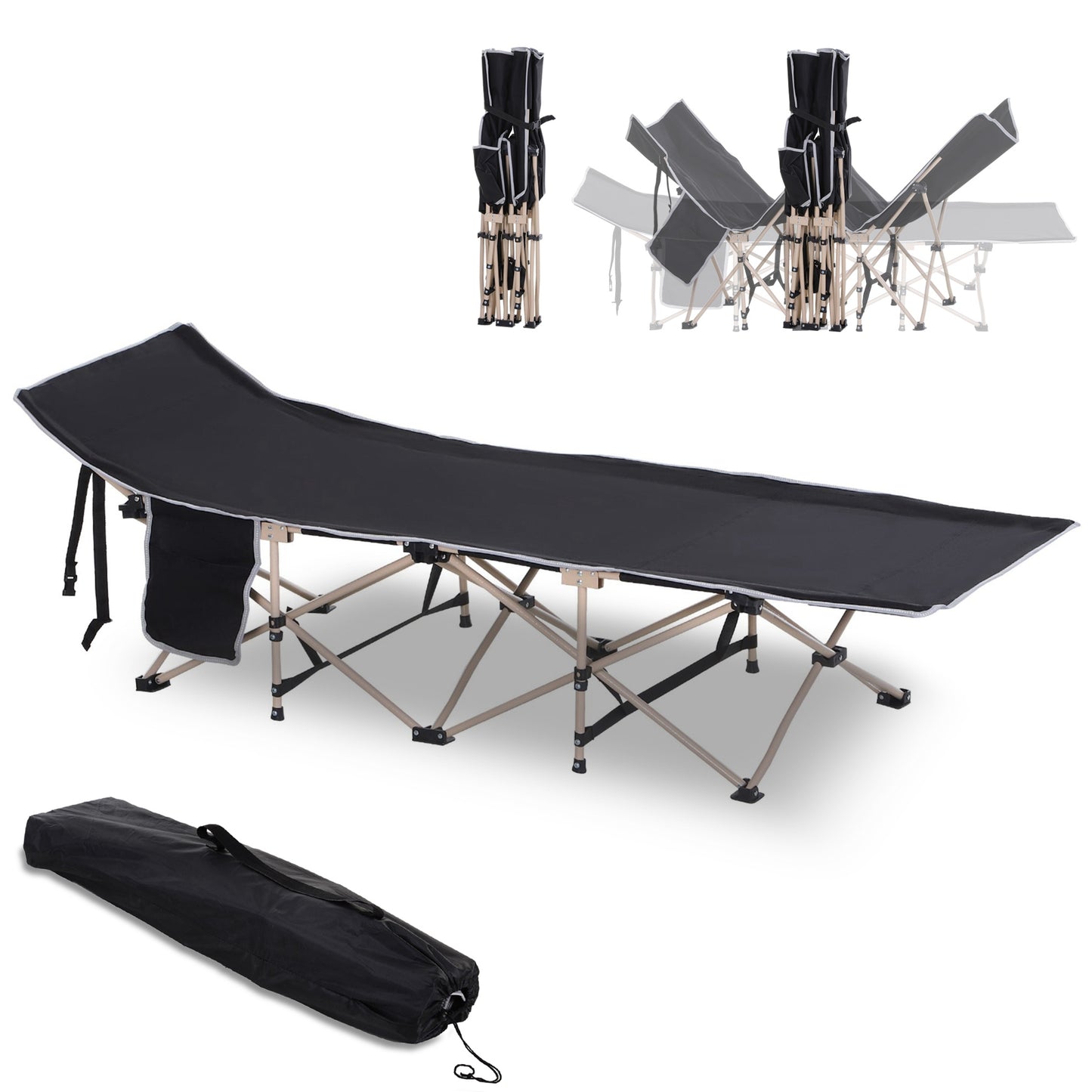Outsunny Single Person Camping Bed Folding Cot Outdoor Patio Portable Military Sleeping Bed Travel Guest Leisure Fishing with Side Pocket and Carry Bag