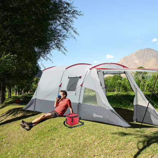 Outsunny 6-8 Person Tunnel Tent, Camping Tent with Bedroom, Living Room, Sewn-in Floor, 3 Doors and Carry Bag, 2000mm Water Column for Fishing, Hiking, Sports, and Traveling