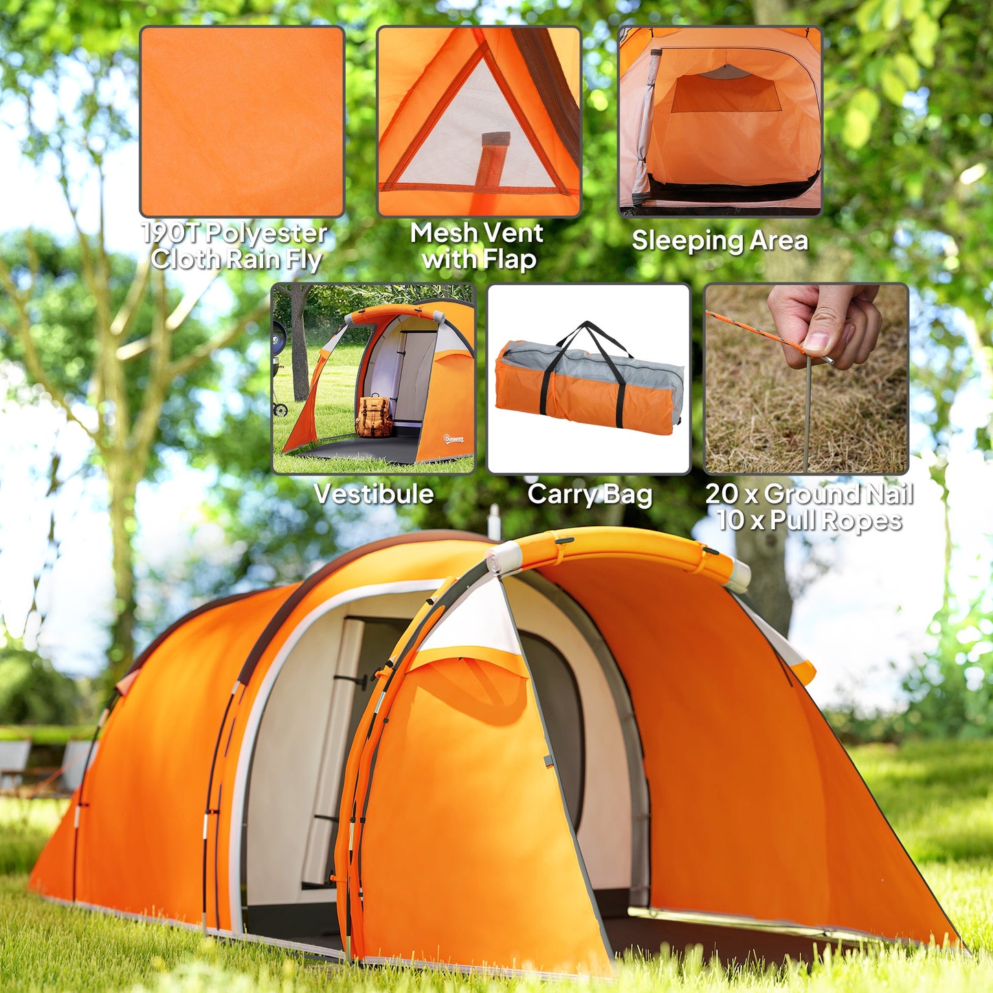 Outsunny 2-3 Man Tunnel Tents w/ Vestibule Camping Tent Porch Air Vents Weather-Resistant Shelter
