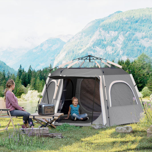 Outsunny Instant Camping Tent, 2/3/4 Person Easy Setup Dome Family Tent with Vestibule, Rainfly, 4 Mesh Windows & 2 Doors, Hexagonal Design, Waterproof & UV Protected