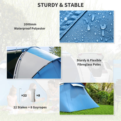 Outsunny 4-6 Man Camping Tent w/ Two Bedroom, Hiking Sun Shelter, UV Protection Tunnel Tent