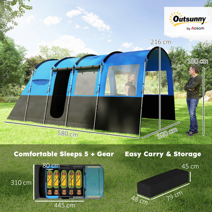Outsunny 8-Person Camping Tent, Waterproof Family Tent, Tunnel Design, 4 Large Windows, Sleeping Cabins 3000mm Water Column