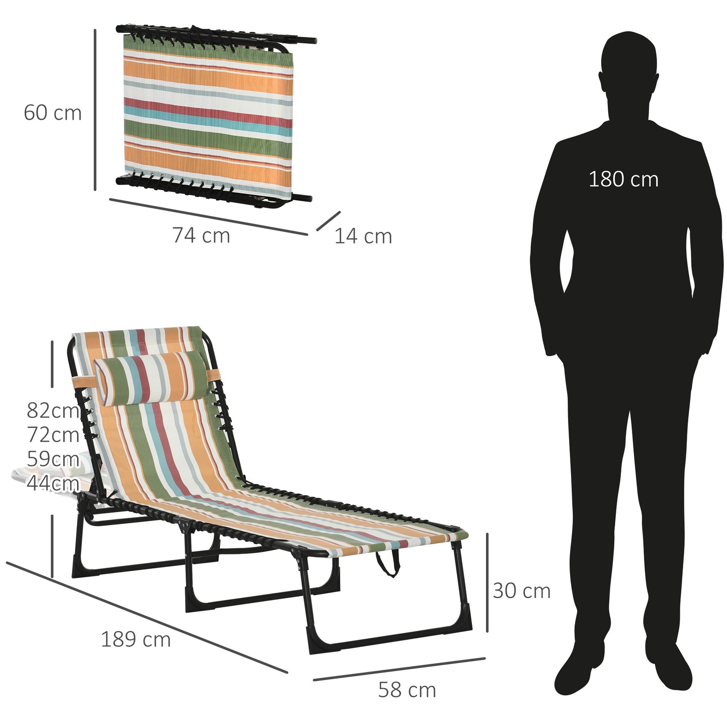 Outsunny Folding Sun Lounger Beach Chaise Chair Garden Reclining Cot Camping Recliner with 4 Position Adjustable Multicolored