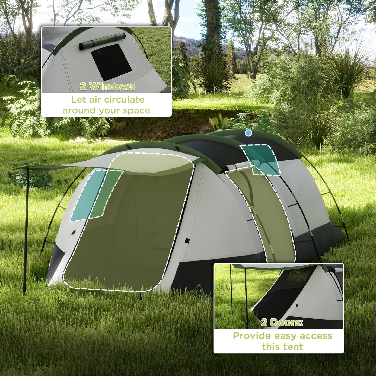 Outsunny Three-Man Camping Tent, with Two Rooms and Porch