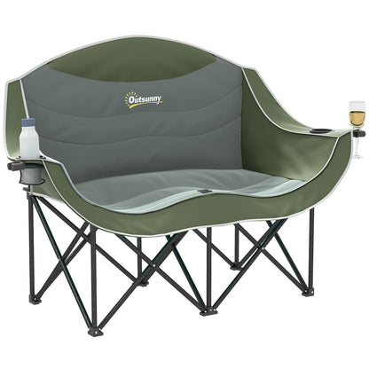 Outsunny Double Camping Chair for Adults, Oversized Heavy Duty Padded Folding Chair with Armrests, Cup Holders and Carry Bag for Outdoor Camping Hiking Picnic Fishing, 250kg Capacity