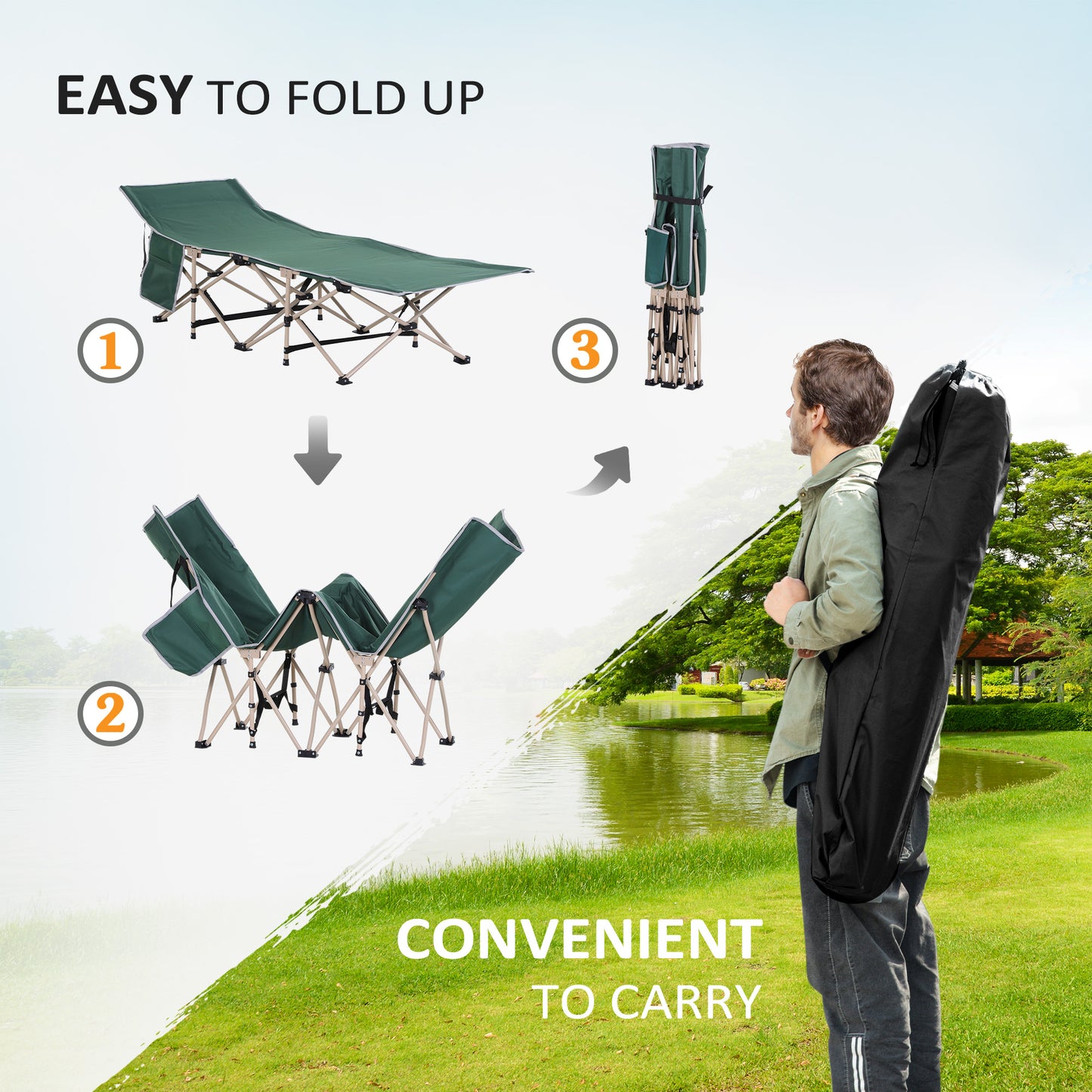 Outsunny Single Person Camping Bed Folding Cot Outdoor Patio Portable Military Sleeping Bed Travel Guest Leisure Fishing with Side Pocket and Carry Bag