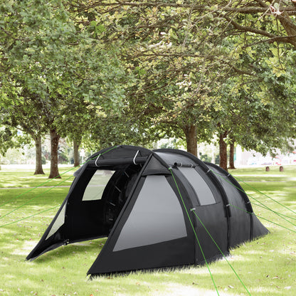 Outsunny 3-4 Man Tunnel Tent, Two Room Camping Tent with Windows and Covers, Portable Carry Bag, for Fishing, Hiking, Sports, Festival