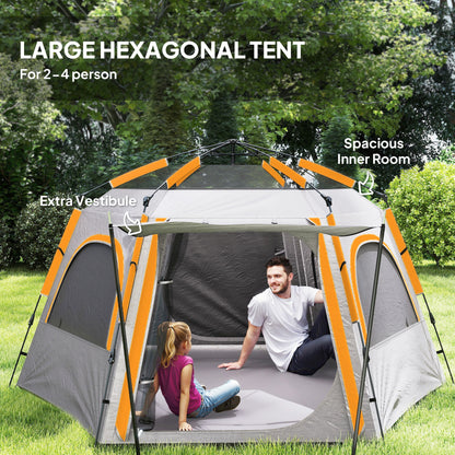 Outsunny Instant Camping Tent, 2/3/4 Person Easy Setup Dome Family Tent with Vestibule, Rainfly, 4 Mesh Windows & 2 Doors, Hexagonal Design, Waterproof & UV Protected