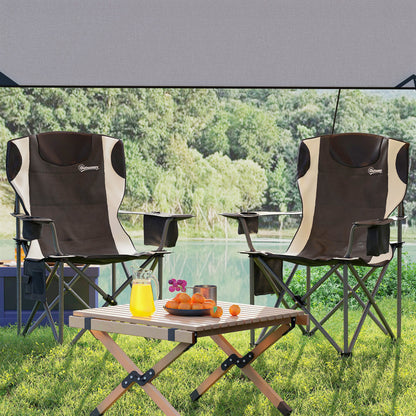 Outsunny Set of 2 Folding Camping Chairs, Padded Camping Chairs with Adjustable Armrests, Portable & Lightweight Folding Camp Chair with Cooler Bag, Cup Holder and Side Pockets
