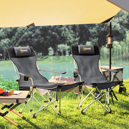 Outsunny Set of 2 Reclining Folding Camping Chair w/ Detachable Footrest, Storage Bag, Cup Holder & Headrest, Lightweight Portable Camp Chair for Beach, Picnic