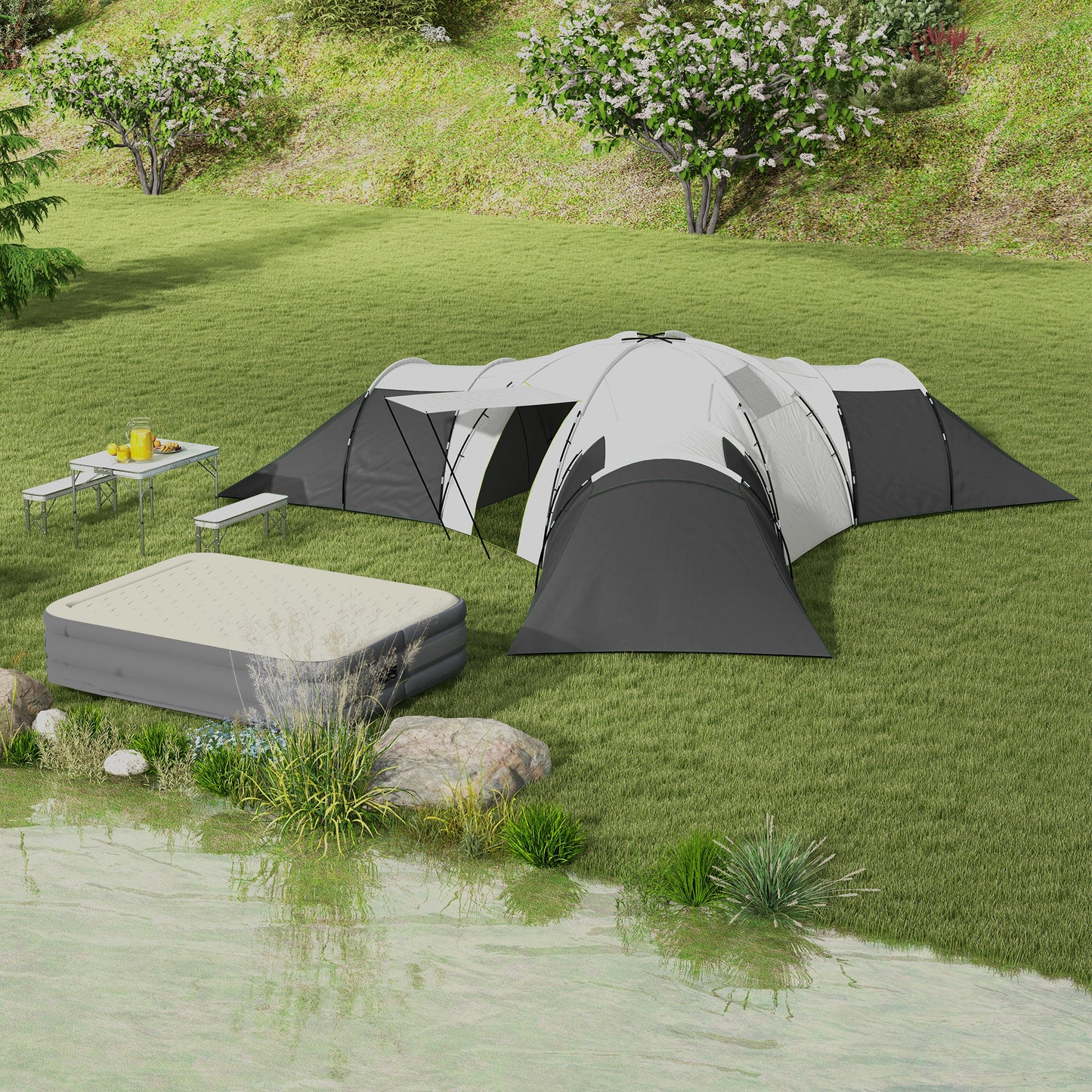 Outsunny 6-9 Man Tent with Bedrooms and Living Room, Accessories Included