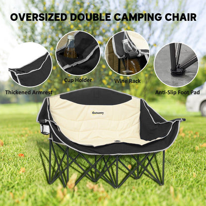 Outsunny Double Camping Chair for Adults, Oversized Heavy Duty Padded Folding Chair with Armrests, Cup Holders and Carry Bag for Outdoor Camping Hiking Picnic Fishing, 250kg Capacity