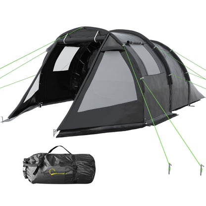 Outsunny 3-4 Man Tunnel Tent, Two Room Camping Tent with Windows and Covers, Portable Carry Bag, for Fishing, Hiking, Sports, Festival
