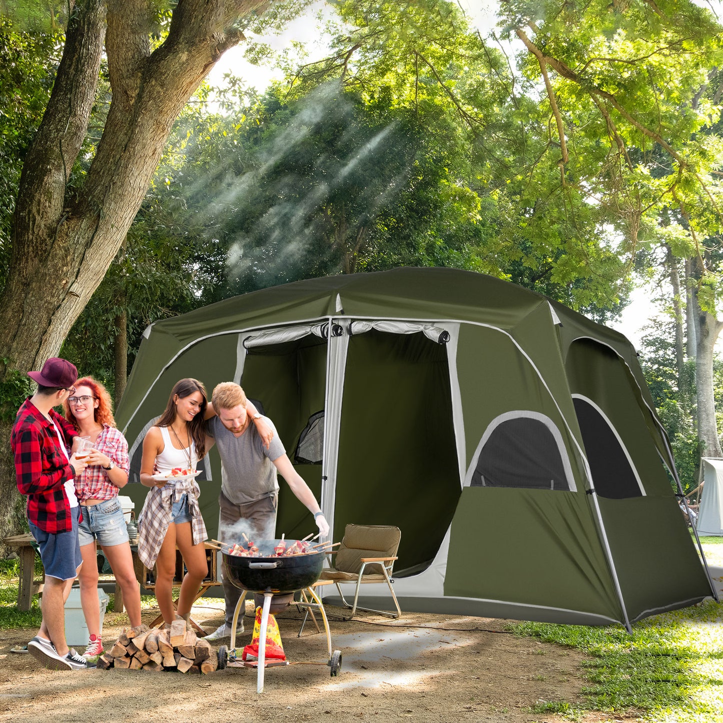 Outsunny Camping Tent, Family Tent 4-8 Person 2 Room, with Large Mesh Windows, Easy Set Up for Backpacking Hiking Outdoor