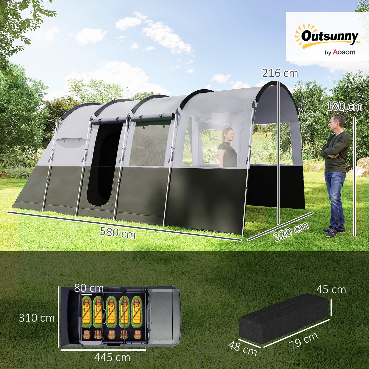 Outsunny 8-Person Camping Tent, Waterproof Family Tent, Tunnel Design, 4 Large Windows, Sleeping Cabins 3000mm Water Column
