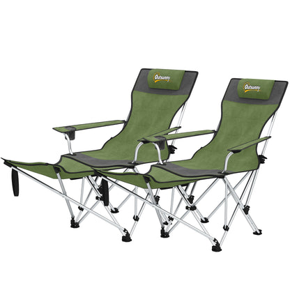 Outsunny Set of 2 Reclining Folding Camping Chair w/ Detachable Footrest, Storage Bag, Cup Holder & Headrest, Lightweight Portable Camp Chair for Beach, Picnic