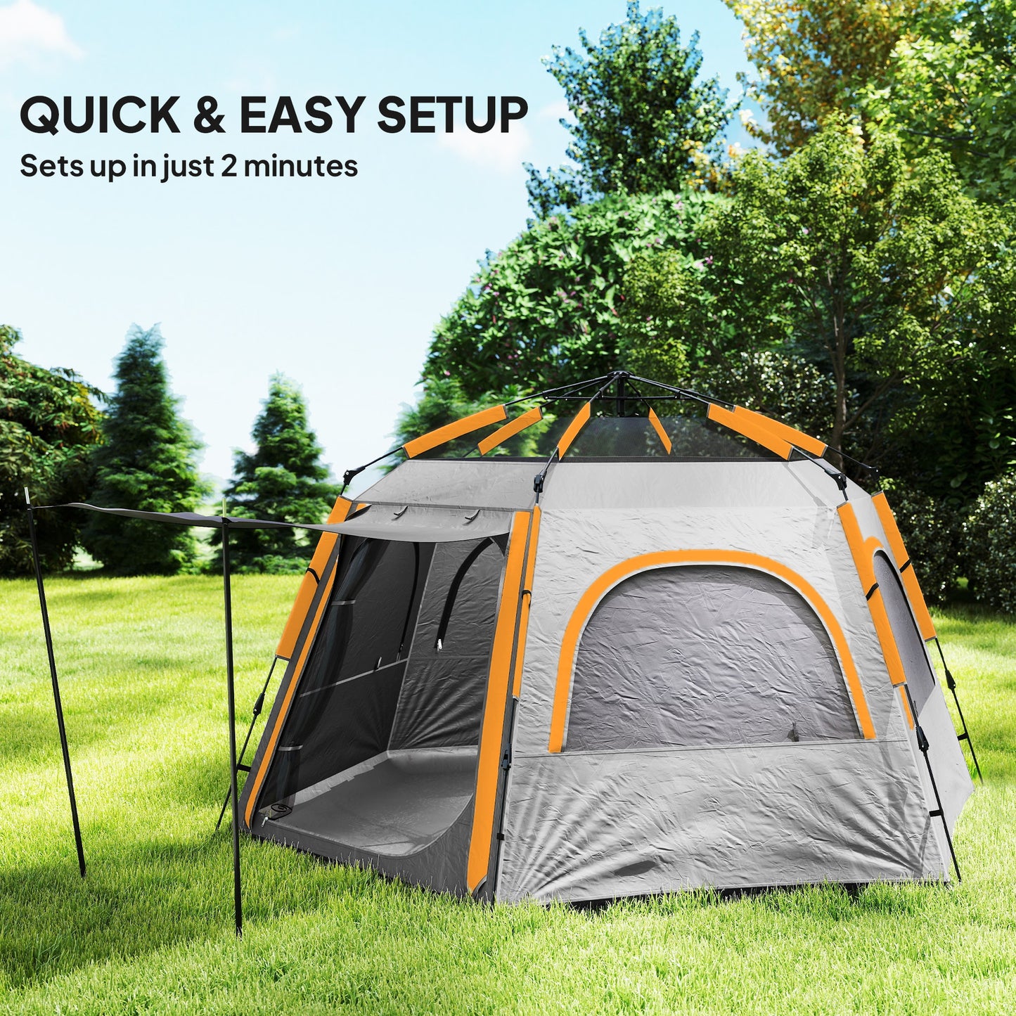 Outsunny Instant Camping Tent, 2/3/4 Person Easy Setup Dome Family Tent with Vestibule, Rainfly, 4 Mesh Windows & 2 Doors, Hexagonal Design, Waterproof & UV Protected