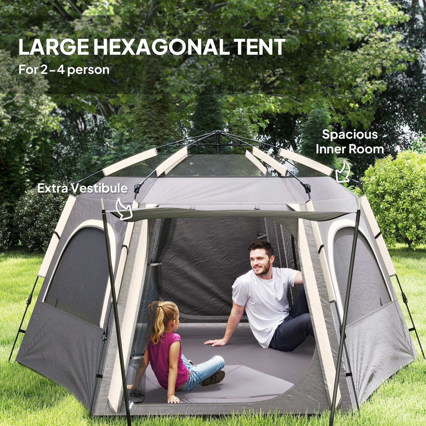 Outsunny Instant Camping Tent, 2/3/4 Person Easy Setup Dome Family Tent with Vestibule, Rainfly, 4 Mesh Windows & 2 Doors, Hexagonal Design, Waterproof & UV Protected