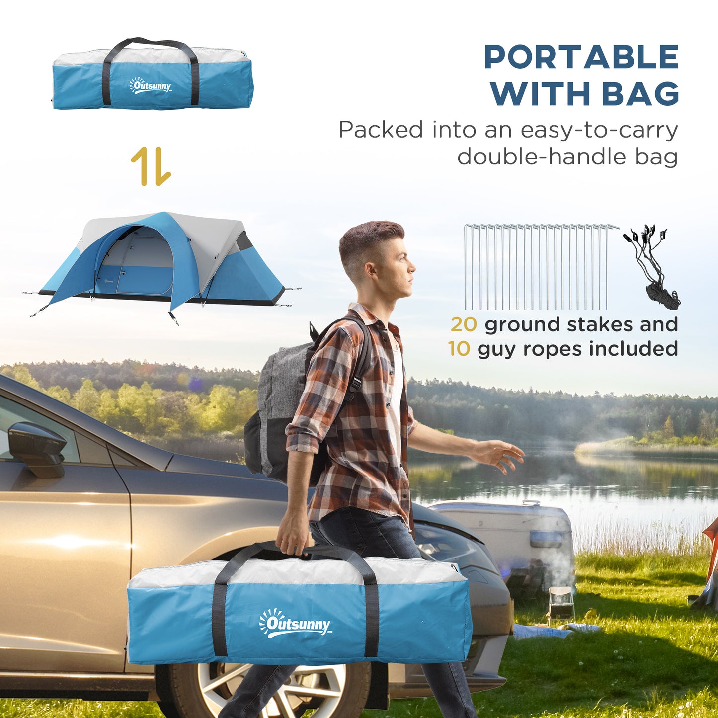 Outsunny 3000mm Waterproof Camping Tent for 5-6 Man, Family Tent with Porch and Sewn in Groundsheet, Portable with Bag