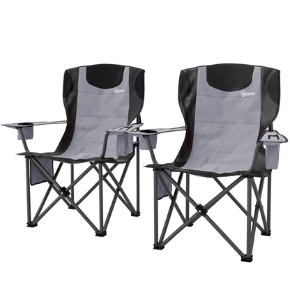 Outsunny Set of 2 Folding Camping Chairs, Padded Camping Chairs with Adjustable Armrests, Portable & Lightweight Folding Camp Chair with Cooler Bag, Cup Holder and Side Pockets