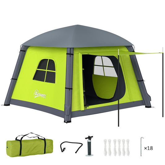 Outsunny Inflatable Camping Tent w/ Hand Pump, Easy Setup 1/2 Person Blow Up Tent Waterproof 190T Taffeta w/ Mesh Windows, Doors and Carry Bag