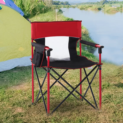 Outsunny Folding Fishing Camping Chair Portable Picnic Armchair Director Seat Oxford Metal Frame with Cup Holder, Phone Pocket - Red