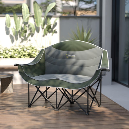 Outsunny Double Camping Chair for Adults, Oversized Heavy Duty Padded Folding Chair with Armrests, Cup Holders and Carry Bag for Outdoor Camping Hiking Picnic Fishing, 250kg Capacity