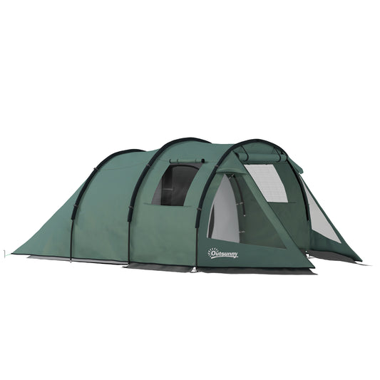 Outsunny Two Room Tunnel Tent Camping Tent for  3-4 Man with Windows, Covers, Carry Bag, for Fishing, Hiking, Sports