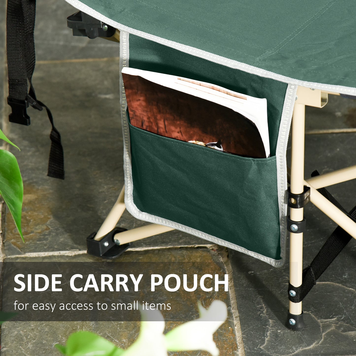 Outsunny Single Person Camping Bed Folding Cot Outdoor Patio Portable Military Sleeping Bed Travel Guest Leisure Fishing with Side Pocket and Carry Bag