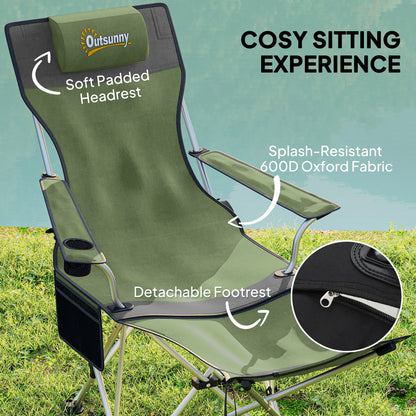 Outsunny Set of 2 Reclining Folding Camping Chair w/ Detachable Footrest, Storage Bag, Cup Holder & Headrest, Lightweight Portable Camp Chair for Beach, Picnic
