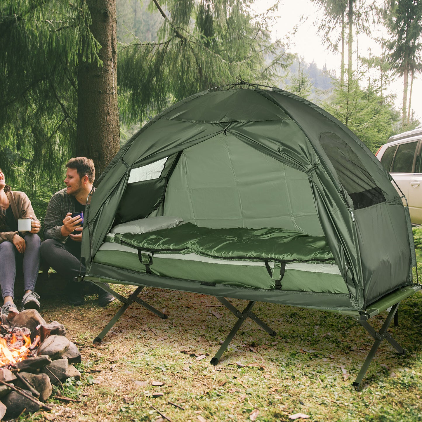 Outsunny 1 person Foldable Camping Tent w/Sleeping Bag Air Mattress Outdoor Hiking Picnic Bed cot w/Foot Pump