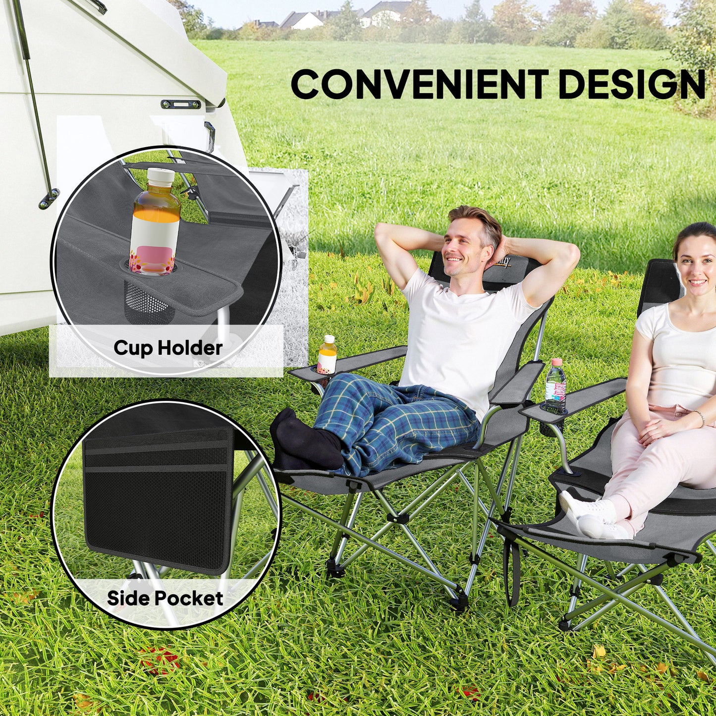 Outsunny Set of 2 Reclining Folding Camping Chair w/ Detachable Footrest, Storage Bag, Cup Holder & Headrest, Lightweight Portable Camp Chair for Beach, Picnic