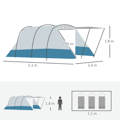 Outsunny 6-8 Person Tunnel Tent, Camping Tent with Bedroom, Living Room, Sewn-in Floor, 3 Doors and Carry Bag, 2000mm Water Column for Fishing, Hiking, Sports, and Traveling