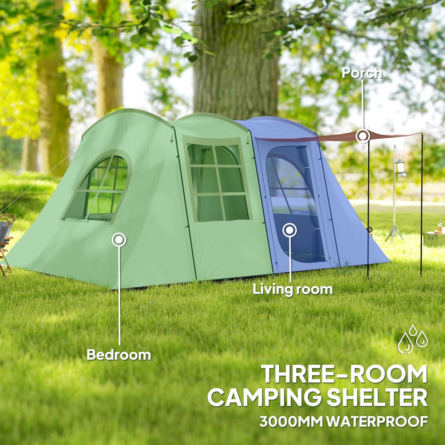 Outsunny 3-4 Man Tunnel Tent, Family Camping Tent with Porch, Bedroom and Living Area, Sewn in Groundsheet, 3000mm Waterproof, Portable with Bag for Hiking, Festival, Backpacking