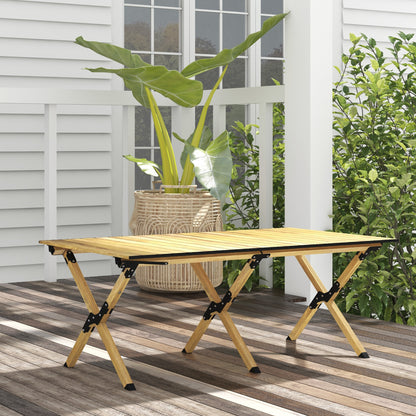 Outsunny Portable Camping Table, 4ft Aluminium Folding Table with Roll-Up Top, Picnic Table for Indoor, Outdoor, Party, BBQ, Beach, Natural Wood Effect