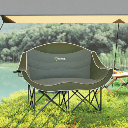Outsunny Double Camping Chair for Adults, Oversized Heavy Duty Padded Folding Chair with Armrests, Cup Holders and Carry Bag for Outdoor Camping Hiking Picnic Fishing, 250kg Capacity