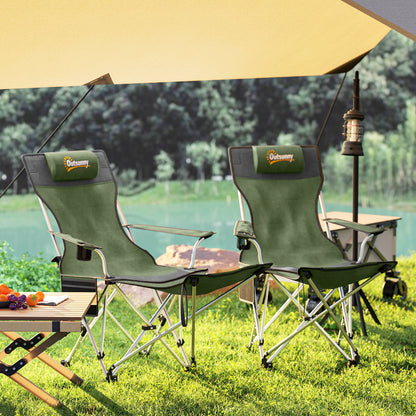 Outsunny Set of 2 Reclining Folding Camping Chair w/ Detachable Footrest, Storage Bag, Cup Holder & Headrest, Lightweight Portable Camp Chair for Beach, Picnic