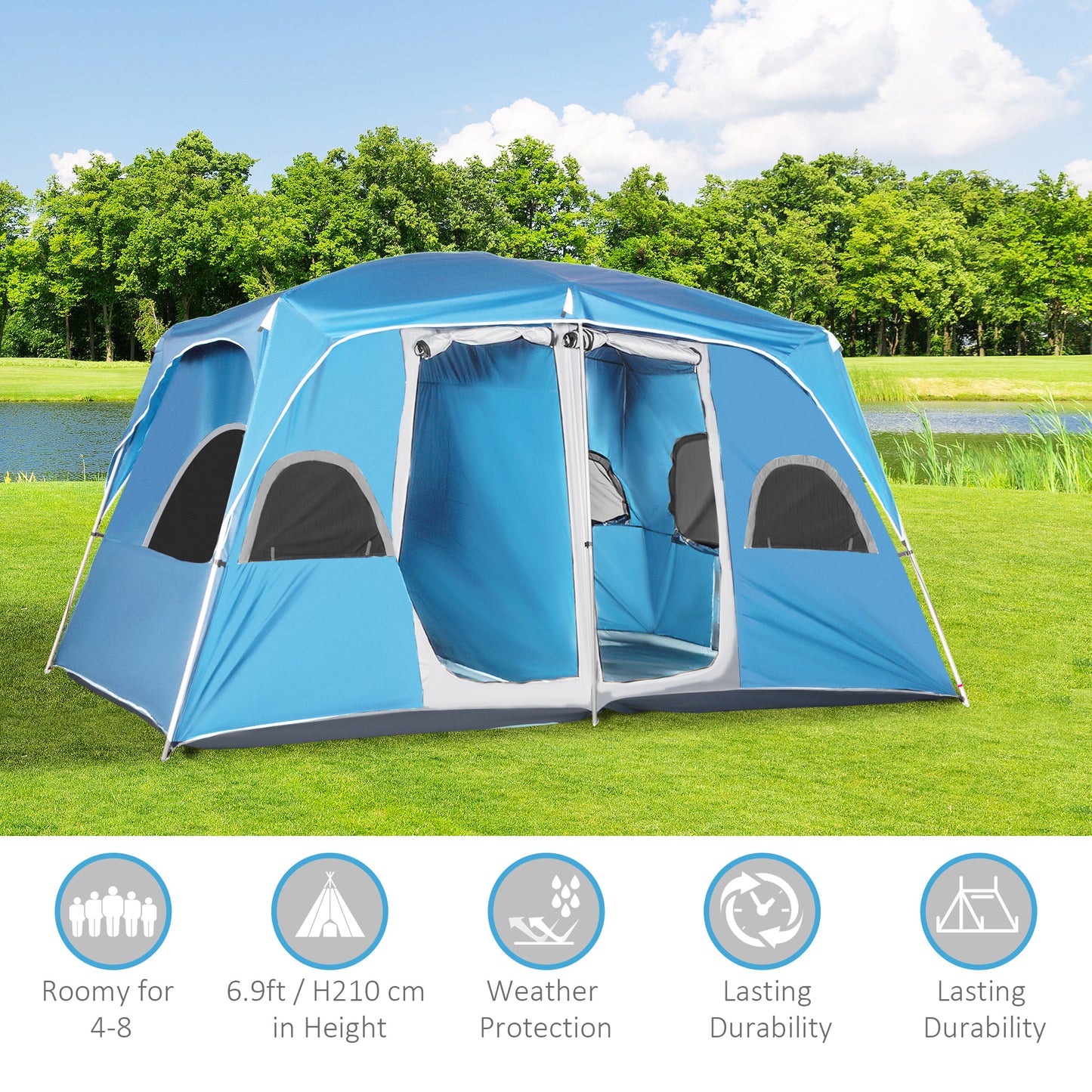 Outsunny 4-8 Person Camping Tent Family Tent with 2 Room, Mesh Windows, Easy Set Up for Backpacking, Hiking, Outdoor