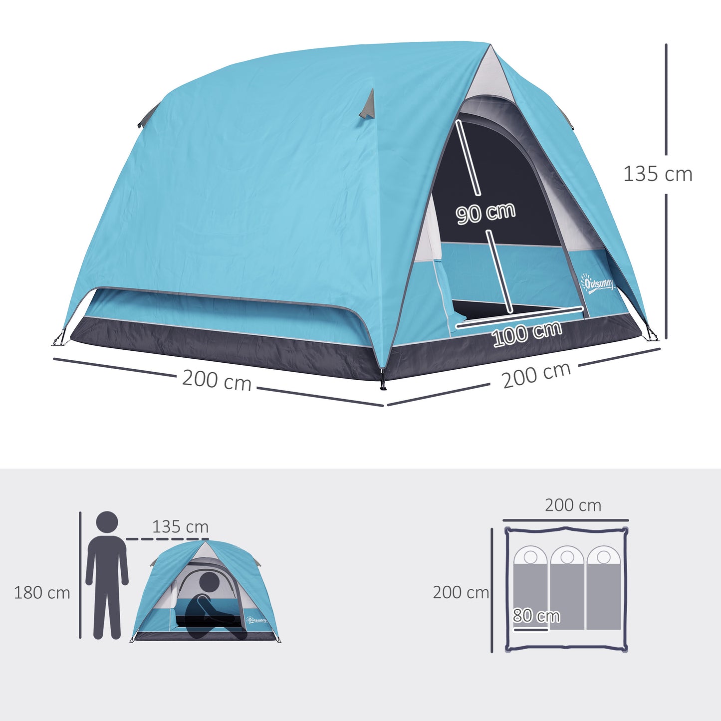 Outsunny 3-4 Person Camping Tent, Easy Set Up Waterproof Dome Tent with Sewn-in Groundsheet, Mesh Windows, Pocket and Hook for Camping, Hiking, Backpacking