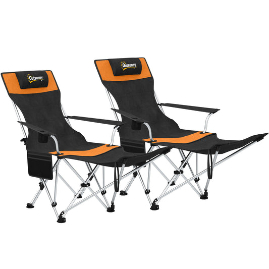 Outsunny Set of 2 Reclining Folding Camping Chair w/ Detachable Footrest, Storage Bag, Cup Holder & Headrest, Lightweight Portable Camp Chair for Beach, Picnic