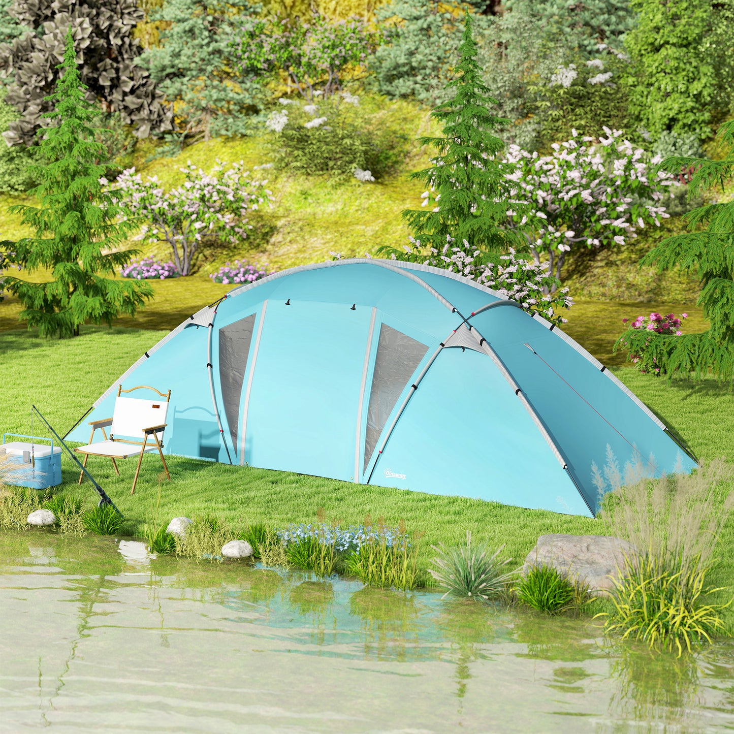 Outsunny 4-6 Man Family Camping Tent w/ 2 Bedrooms and a Living Room, Waterproof Tunnel Tent w/ Sewn In Groundsheet, Doors, Windows, Carry Bag