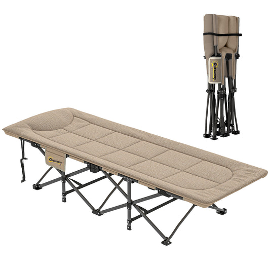 Outsunny Folding Camping Bed for Adults with Cushion, Heavy Duty Portable Travel Camping Cot with Headrest, Side Pocket and Non-Slip Foot Pads for Outdoor Beach Travel Office