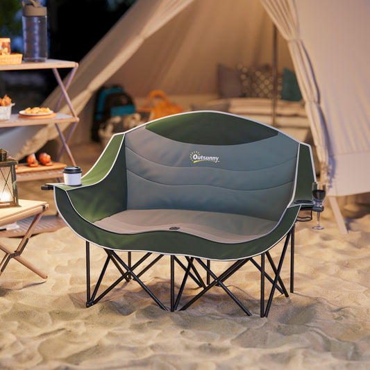 Outsunny Double Camping Chair for Adults, Oversized Heavy Duty Padded Folding Chair with Armrests, Cup Holders and Carry Bag for Outdoor Camping Hiking Picnic Fishing, 250kg Capacity