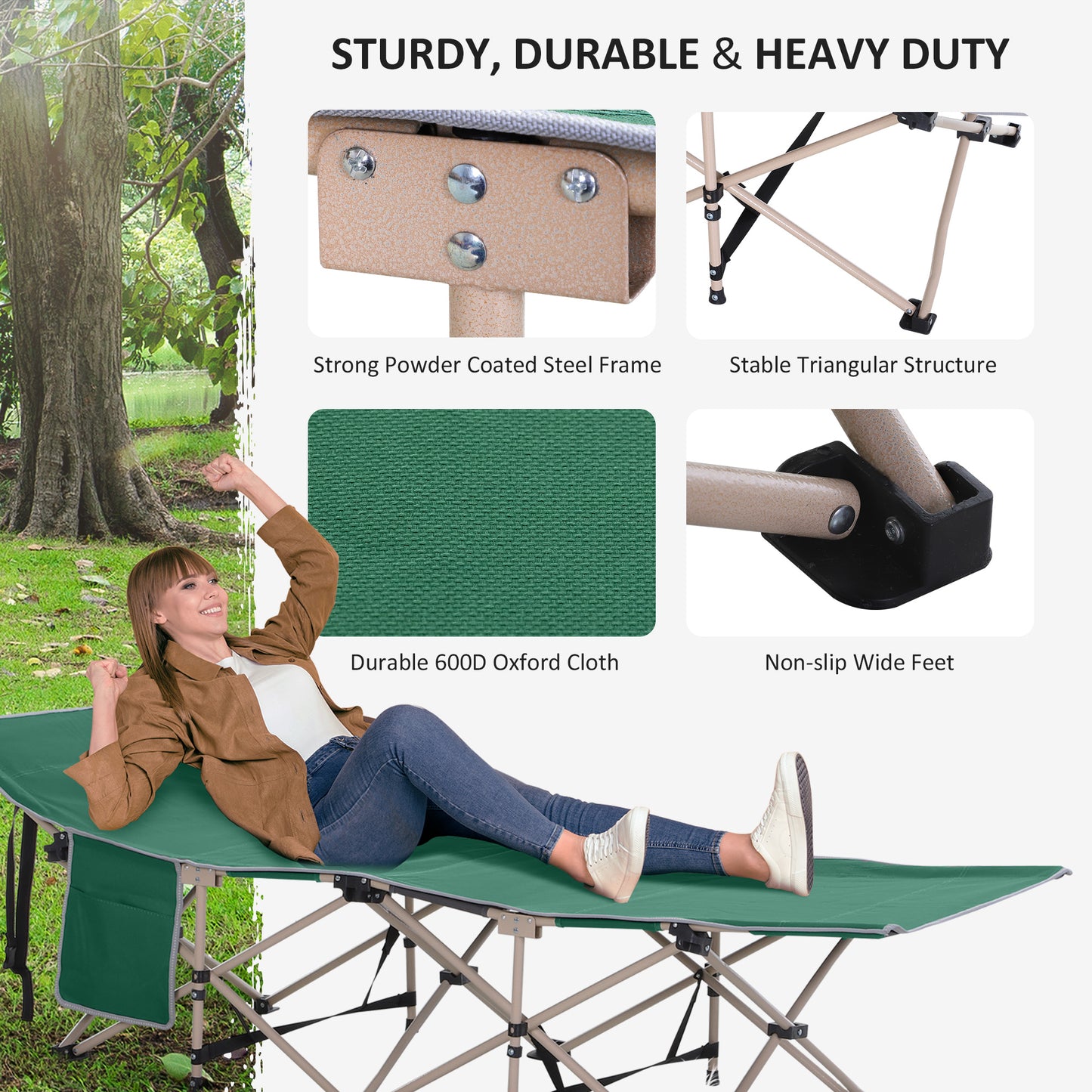 Outsunny Single Person Camping Bed Folding Cot Outdoor Patio Portable Military Sleeping Bed Travel Guest Leisure Fishing with Side Pocket and Carry Bag